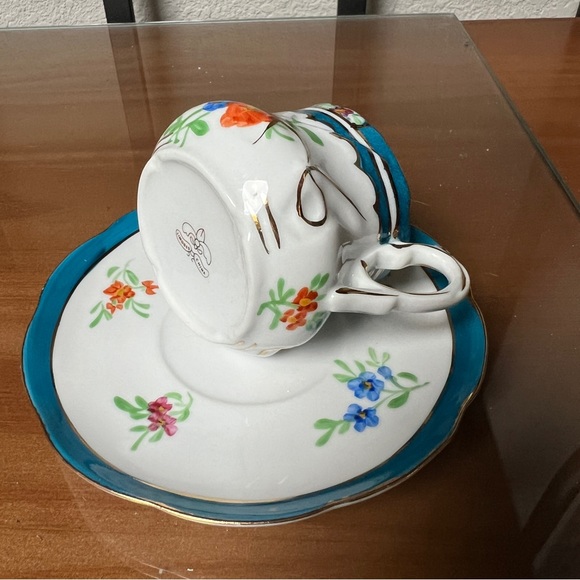Limoges China White Floral Teacup & Saucer Gold Scroll England Blue Border Vtg - Picture 6 of 14